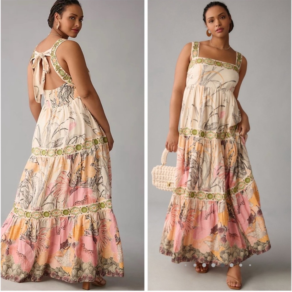 Anthropologie Square Neck Floral Embroidered Beaded Maxi‎ Dress Small Petite